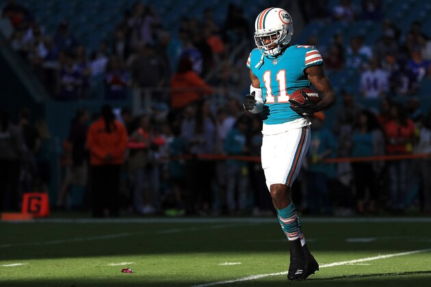 MIAMI GARDENS, FL - DECEMBER 31: DeVante Parker #11 of the Miami Dolphins during pregame against the Buffalo Bills at Hard Rock Stadium on December 31, 2017 in Miami Gardens, Florida. (Photo by Mike Ehrmann/Getty Images)