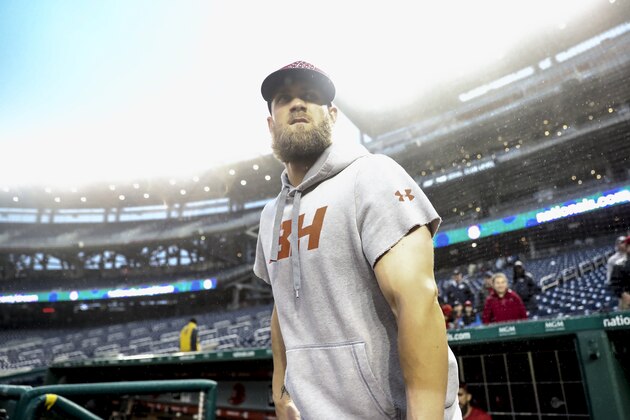 Washington Nationals' Bryce Harper after the Washington Nationals lose to the New York Mets 8-6 at Nationals Park, Sunday, Sept. 23, 2018, in Washington. (AP Photo/Andrew Harnik)
