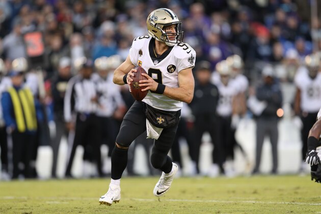 BALTIMORE, MD - OCTOBER 21: Quarterback Drew Brees #9 of the New Orleans Saints looks to throw the ball in the third quarter against the Baltimore Ravens at M&T Bank Stadium on October 21, 2018 in Baltimore, Maryland. (Photo by Patrick Smith/Getty Images)