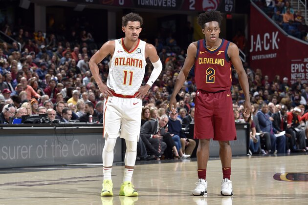 CLEVELAND, OH - OCTOBER 21: Trae Young #11 of the Atlanta Hawks and Collin Sexton #2 of the Cleveland Cavaliers look on during the game on October 21, 2018 at Quicken Loans Arena in Cleveland, Ohio. NOTE TO USER: User expressly acknowledges and agrees that, by downloading and/or using this photograph, user is consenting to the terms and conditions of the Getty Images License Agreement. Mandatory Copyright Notice: Copyright 2018 NBAE (Photo by David Liam Kyle/NBAE via Getty Images)