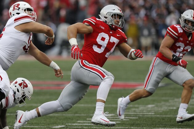 Ohio State defensive lineman Nick Bosa plays against Rutgers during an NCAA college football game Saturday, Sept. 8, 2018, in Columbus, Ohio. (AP Photo/Jay LaPrete)