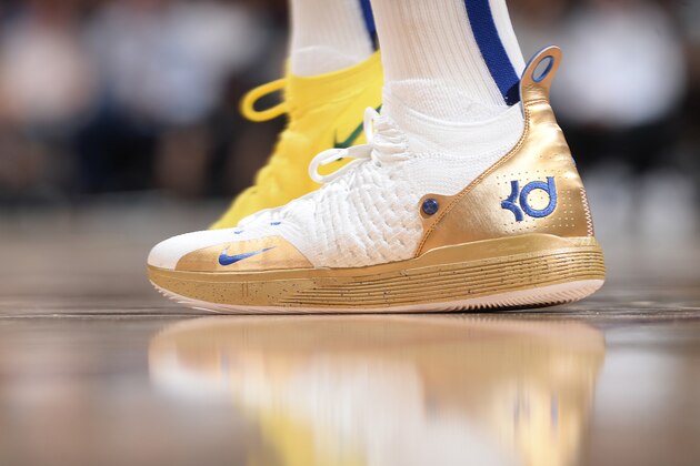 DENVER, CO - OCTOBER 21: The sneakers of Kevin Durant #35 of the Golden State Warriors during the game against the Denver Nuggets on October 21, 2018 at the Pepsi Center in Denver, Colorado. NOTE TO USER: User expressly acknowledges and agrees that, by downloading and/or using this photograph, user is consenting to the terms and conditions of the Getty Images License Agreement. Mandatory Copyright Notice: Copyright 2018 NBAE (Photo by Bart Young/NBAE via Getty Images)