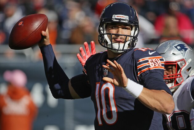 CHICAGO, IL - OCTOBER 21:  Mitchell Trubisky #10 of the Chicago Bears passes against the New England Patriots at Soldier Field on October 21, 2018 in Chicago, Illinois. The Patriots defeated the Bears 38-31.  (Photo by Jonathan Daniel/Getty Images)