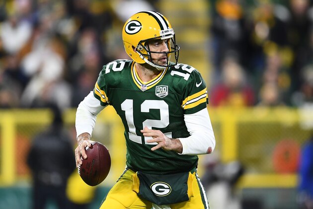 GREEN BAY, WI - OCTOBER 15:  Aaron Rodgers #12 of the Green Bay Packers drops back to pass during a game against the San Francisco 49ers at Lambeau Field on October 15, 2018 in Green Bay, Wisconsin.  Green Bay defeated the San Francisco 33-30.  (Photo by Stacy Revere/Getty Images)