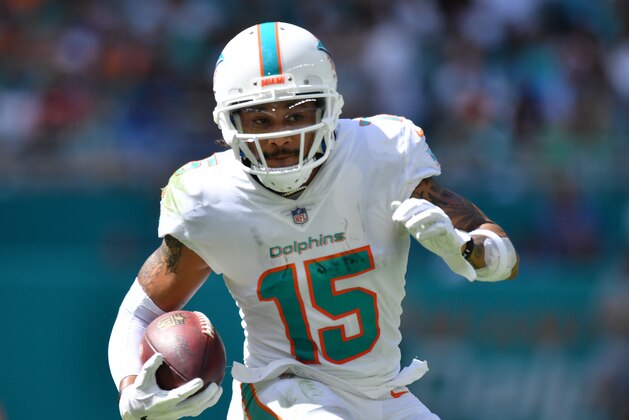 MIAMI, FL - OCTOBER 21: Albert Wilson #15 of the Miami Dolphins runs with the ball in the first quarter against the  Detroit Lions at Hard Rock Stadium on October 21, 2018 in Miami, Florida. (Photo by Mark Brown/Getty Images)
