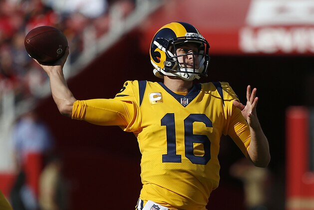 Los Angeles Rams quarterback Jared Goff (16) passes against the San Francisco 49ers during the second half of an NFL football game in Santa Clara, Calif., Sunday, Oct. 21, 2018. (AP Photo/Josie Lepe)