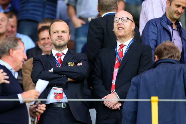 BRUGGE, BELGIUM - AUGUST 26: Ed Woodward, chief executive of Manchester United stands with owner Avram Glazer before the UEFA Champions League Qualifying Round Play Off Second Leg between Club Brugge and Manchester United on August 26, 2015 in Brugge, Belgium. (Photo by Catherine Ivill - AMA/Getty Images)