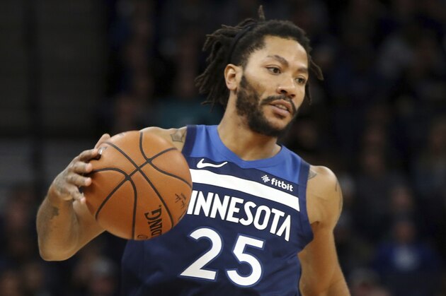 Minnesota Timberwolves' Derrick Rose plays against the Cleveland Cavaliers in the first half of an NBA basketball game Friday, Oct. 19, 2018, in Minneapolis. (AP Photo/Jim Mone)