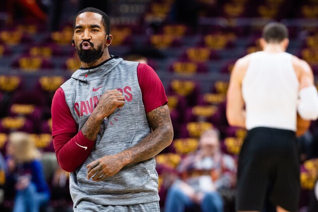CLEVELAND, OH - OCTOBER 21: JR Smith #5 of the Cleveland Cavaliers reacts after narrowly missing a half court shot during warms ups prior to the game against the Atlanta Hawks at Quicken Loans Arena on October 21, 2018 in Cleveland, Ohio. NOTE TO USER: User expressly acknowledges and agrees that, by downloading and/or using this photograph, user is consenting to the terms and conditions of the Getty Images License Agreement. (Photo by Jason Miller/Getty Images)