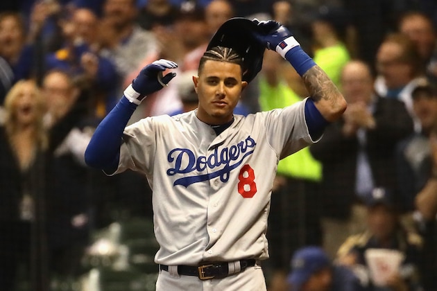 MILWAUKEE, WI - OCTOBER 19:  Manny Machado #8 of the Los Angeles Dodgers reacts after striking out against Corey Knebel #46 of the Milwaukee Brewers during the fifth inning in Game Six of the National League Championship Series at Miller Park on October 19, 2018 in Milwaukee, Wisconsin.  (Photo by Jonathan Daniel/Getty Images)