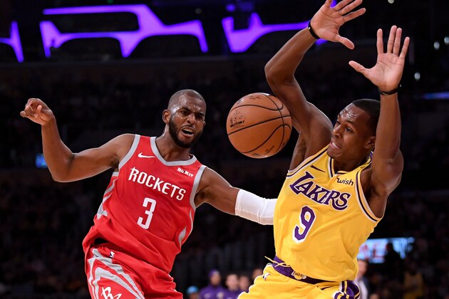 LOS ANGELES, CA - OCTOBER 20:  Chris Paul #3 of the Houston Rockets reacts to a foul from Rajon Rondo #9 of the Los Angeles Lakers during the second quarter at Staples Center on October 20, 2018 in Los Angeles, California.  (Photo by Harry How/Getty Images)