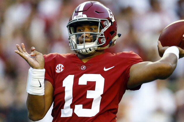 FILE - In this Oct. 13, 2018, file photo, Alabama quarterback Tua Tagovailoa (13) throws a pass during the first half of the team's NCAA college football game against Missouri in Tuscaloosa, Ala. The front-runners have clearly been established in the Heisman race, but the question now is who else can emerge with a late rush? (AP Photo/Butch Dill, File)