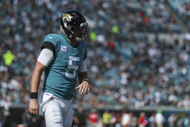 JACKSONVILLE, FL - OCTOBER 21: Blake Bortles #5 of the Jacksonville Jaguars is seen during the second half against the Houston Texans at TIAA Bank Field on October 21, 2018 in Jacksonville, Florida.  (Photo by Scott Halleran/Getty Images)