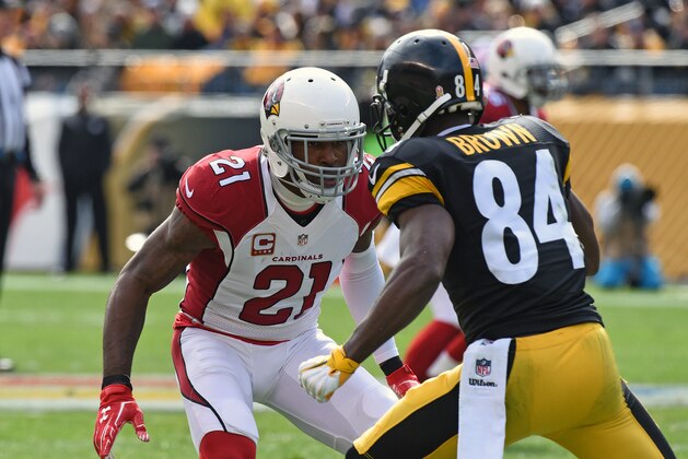PITTSBURGH, PA - OCTOBER 18:  Cornerback Patrick Peterson #21 of the Arizona Cardinals defends against wide receiver Antonio Brown #84 of the Pittsburgh Steelers during a game at Heinz Field on October 18, 2015 in Pittsburgh, Pennsylvania.  The Steelers defeated the Cardinals 25-13. (Photo by George Gojkovich/Getty Images)