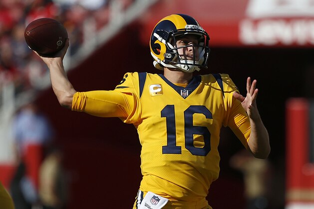Los Angeles Rams quarterback Jared Goff (16) passes against the San Francisco 49ers during the second half of an NFL football game in Santa Clara, Calif., Sunday, Oct. 21, 2018. (AP Photo/Josie Lepe)