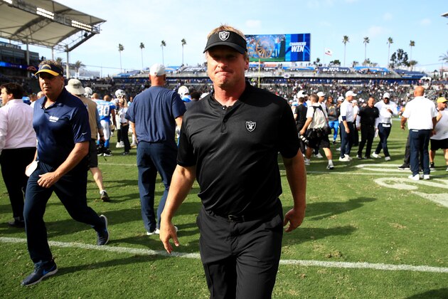 CARSON, CA - OCTOBER 07:  Head coach Jon Gruden of the Oakland Raiders walks off the field after a game against the Los Angeles Chargers  at StubHub Center on October 7, 2018 in Carson, California.  THe Los Angeles Chargers defeated the Oakland Raiders 26-10.  (Photo by Sean M. Haffey/Getty Images)