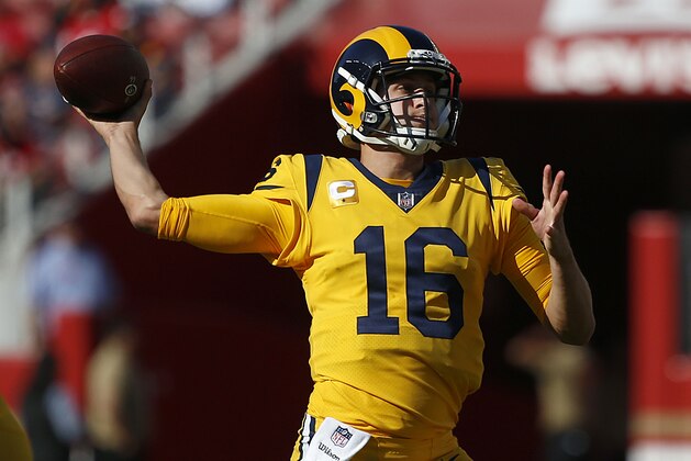 Los Angeles Rams quarterback Jared Goff (16) passes against the San Francisco 49ers during the second half of an NFL football game in Santa Clara, Calif., Sunday, Oct. 21, 2018. (AP Photo/Josie Lepe)