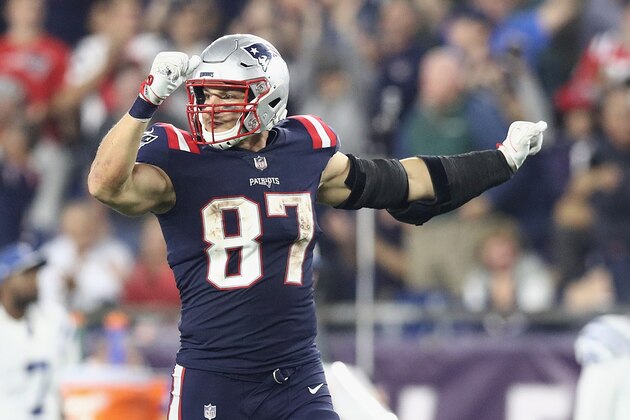 FOXBOROUGH, MA - OCTOBER 04:  Rob Gronkowski #87 of the New England Patriots reacts during the second half against the Indianapolis Colts at Gillette Stadium on October 4, 2018 in Foxborough, Massachusetts.  (Photo by Maddie Meyer/Getty Images)