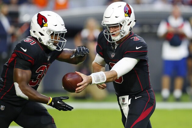Arizona Cardinals quarterback Josh Rosen (3) hands the ball off to Cardinals running back David Johnson during the first half of an NFL football game against the Denver Broncos, Thursday, Oct. 18, 2018, in Glendale, Ariz. (AP Photo/Ralph Freso)