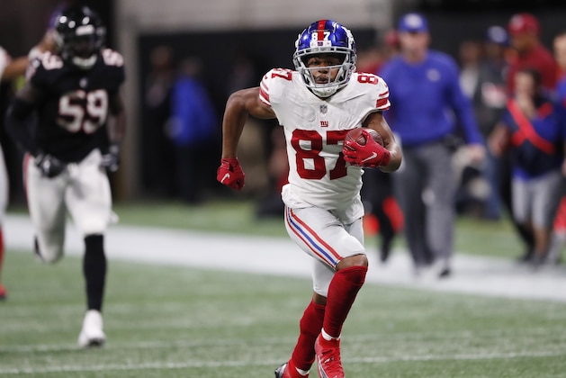 New York Giants wide receiver Sterling Shepard (87) runs against the Atlanta Falcons during the second half of an NFL football game, Monday, Oct. 22, 2018, in Atlanta. (AP Photo/John Bazemore)
