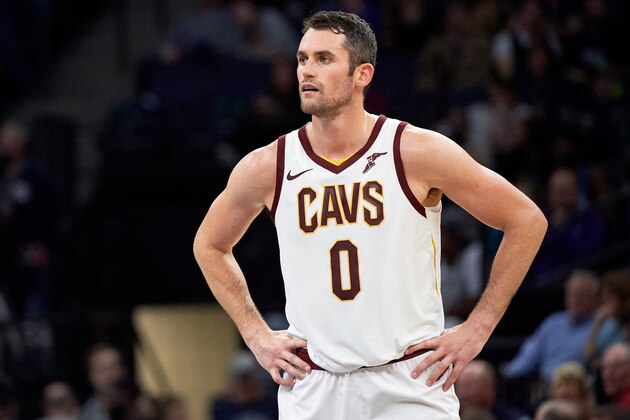 MINNEAPOLIS, MN - OCTOBER 19: Kevin Love #0 of the Cleveland Cavaliers looks on during the game against the Minnesota Timberwolves on October 19, 2018 at the Target Center in Minneapolis, Minnesota. The Timberwolves defeated the Cavaliers 131-123. NOTE TO USER: User expressly acknowledges and agrees that, by downloading and or using this Photograph, user is consenting to the terms and conditions of the Getty Images License Agreement. (Photo by Hannah Foslien/Getty Images) MINNEAPOLIS, MN - OCTOBER 19: Kevin Love #0 of the Cleveland Cavaliers looks on during the game against the Minnesota Timberwolves on October 19, 2018 at the Target Center in Minneapolis, Minnesota. The Timberwolves defeated the Cavaliers 131-123. NOTE TO USER: User expressly acknowledges and agrees that, by downloading and or using this Photograph, user is consenting to the terms and conditions of the Getty Images License Agreement. (Photo by Hannah Foslien/Getty Images)