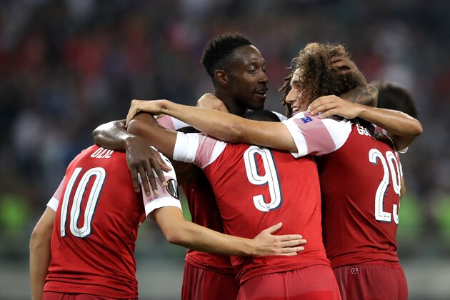 BAKU, AZERBAIJAN - OCTOBER 04:  Matteo Guendouzi of Arsenal celebrates with teammates after scoring his team's third goal during the UEFA Europa League Group E match between Qarabag FK and Arsenal at  on October 4, 2018 in Baku, Azerbaijan.  (Photo by Francois Nel/Getty Images)