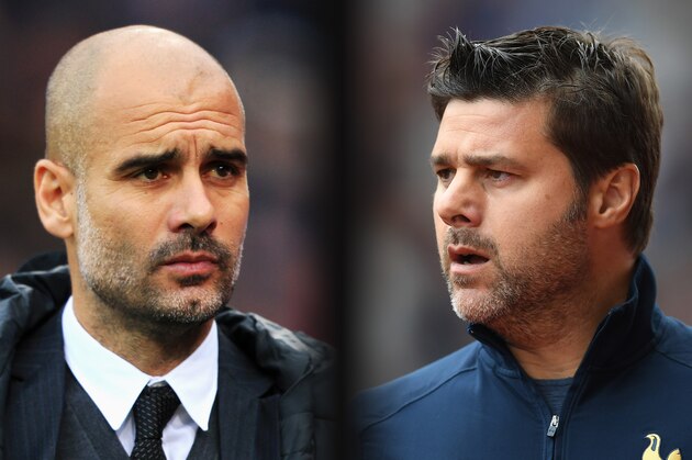 FILE PHOTO (EDITORS NOTE: GRADIENT ADDED - COMPOSITE OF TWO IMAGES - Image numbers (L) 624347276 and 629845764) In this composite image a comparision has been made between Josep Guardiola, Manager of Manchester City (L) and Mauricio Pochettino, Manager of Tottenham Hotspur. Manchester City meet Tottenham Hotspur on January 21, 2017 in a Premier League match at the Etihad Stadium.   ***LEFT IMAGE*** LONDON, ENGLAND - NOVEMBER 19: Josep Guardiola, Manager of Manchester City looks on during the Premier League match between Crystal Palace and Manchester City at Selhurst Park on November 19, 2016 in London, England. (Photo by Stephen Pond/Getty Images) ***RIGHT IMAGE*** STOKE ON TRENT, ENGLAND - SEPTEMBER 10: Mauricio Pochettino, Manager of Tottenham Hotspur looks on during the Premier League match between Stoke City and Tottenham Hotspur at Britannia Stadium on September 10, 2016 in Stoke on Trent, England. (Photo by Laurence Griffiths/Getty Images)