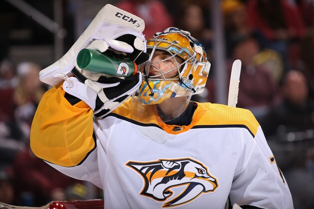 GLENDALE, AZ - JANUARY 04:  Goaltender Juuse Saros #74 of the Nashville Predators drinks from a gatorade bottle during the NHL game against the Arizona Coyotes at Gila River Arena on January 4, 2018 in Glendale, Arizona. The Coyotes defeated the Predators 3-2 in overtime.  (Photo by Christian Petersen/Getty Images)