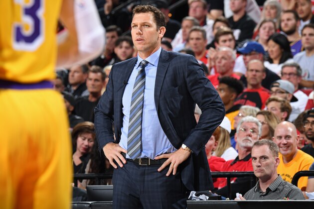 PORTLAND, OR - OCTOBER 18: Luke Walton of the Los Angeles Lakers looks on during the game against the Portland Trail Blazers on October 18, 2018 at the Moda Center Arena in Portland, Oregon. NOTE TO USER: User expressly acknowledges and agrees that, by downloading and or using this photograph, user is consenting to the terms and conditions of the Getty Images License Agreement. Mandatory Copyright Notice: Copyright 2018 NBAE (Photo by Andrew D. Bernstein/NBAE via Getty Images)