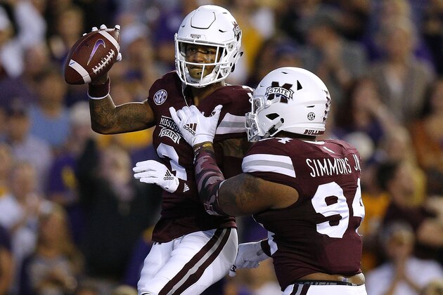 BATON ROUGE, LA - OCTOBER 20: Devonta Jason #3 of the Mississippi State Bulldogs celebrates an interception during a game against the LSU Tigers at Tiger Stadium on October 20, 2018 in Baton Rouge, Louisiana.  (Photo by Jonathan Bachman/Getty Images)