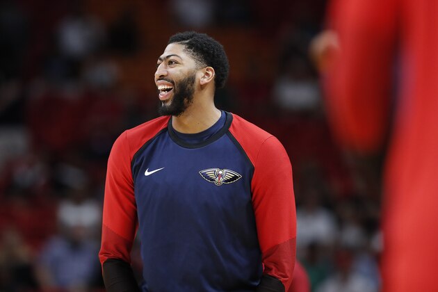 New Orleans Pelicans forward Anthony Davis in action of a preseason NBA basketball game in Miami, on Wednesday, Oct. 10, 2018. (AP Photo/Brynn Anderson)