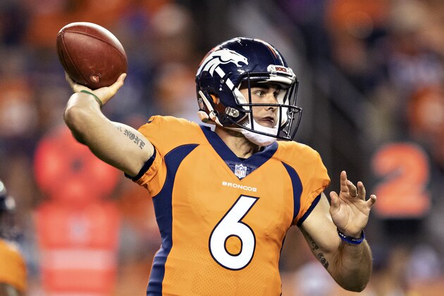 DENVER, CO - AUGUST 11:  Chad Kelly #6 of the Denver Broncos throws a pass during preseason week 1 against the Minnesota Vikings at Broncos Stadium at Mile High on August 11, 2018 in Denver, Colorado.  The Vikings defeated the Broncos 42-28.  (Photo by Wesley Hitt/Getty Images)