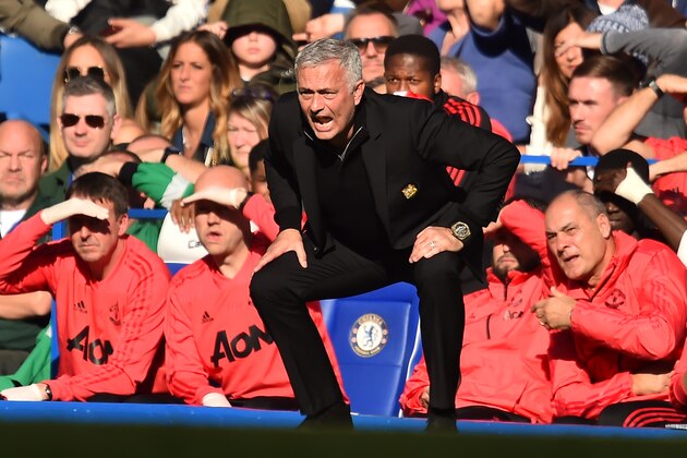 Manchester United's Portuguese manager Jose Mourinho gestures on the touchline during the English Premier League football match between Chelsea and Manchester United at Stamford Bridge in London on October 20, 2018. (Photo by Glyn KIRK / AFP) / RESTRICTED TO EDITORIAL USE. No use with unauthorized audio, video, data, fixture lists, club/league logos or 'live' services. Online in-match use limited to 120 images. An additional 40 images may be used in extra time. No video emulation. Social media in-match use limited to 120 images. An additional 40 images may be used in extra time. No use in betting publications, games or single club/league/player publications. /         (Photo credit should read GLYN KIRK/AFP/Getty Images)