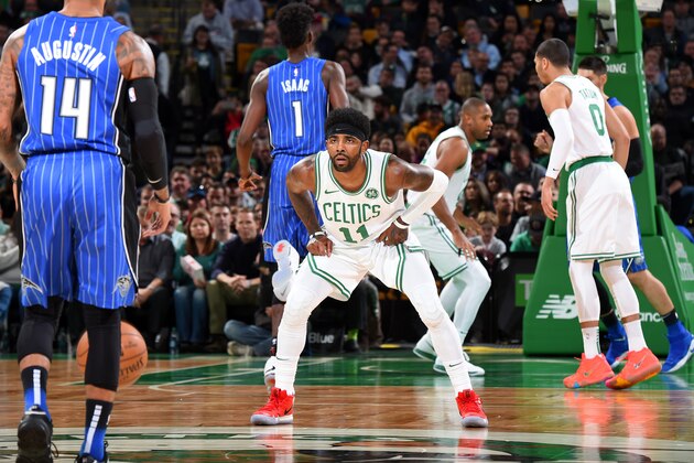 BOSTON, MA - OCTOBER 22: Kyrie Irving #11 of the Boston Celtics plays defense against the Orlando Magic on October 22, 2018 at the TD Garden in Boston, Massachusetts. NOTE TO USER: User expressly acknowledges and agrees that, by downloading and/or using this photograph, user is consenting to the terms and conditions of the Getty Images License Agreement. Mandatory Copyright Notice: Copyright 2018 NBAE (Photo by Brian Babineau/NBAE via Getty Images)