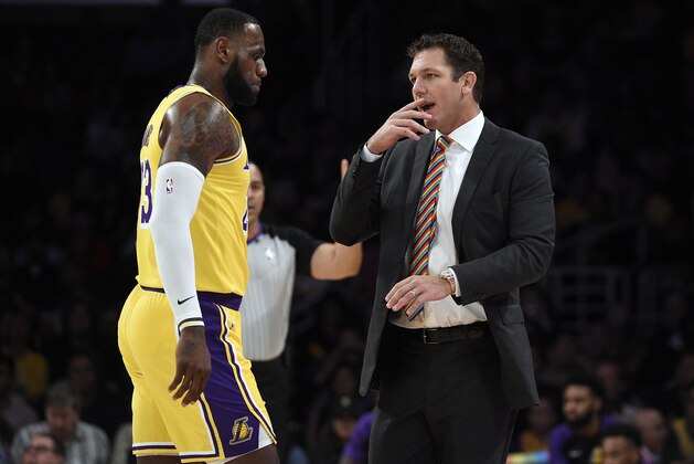 LOS ANGELES, CA - OCTOBER 04: Head coach Luke Walton of the Los Angeles talks with LeBron James #23 during a pre-season basketball game against Sacramento Kingsat Staples Center on October 4, 2018 in Los Angeles, California. NOTE TO USER: User expressly acknowledges and agrees that, by downloading and or using this photograph, User is consenting to the terms and conditions of the Getty Images License Agreement. (Photo by Kevork Djansezian/Getty Images)