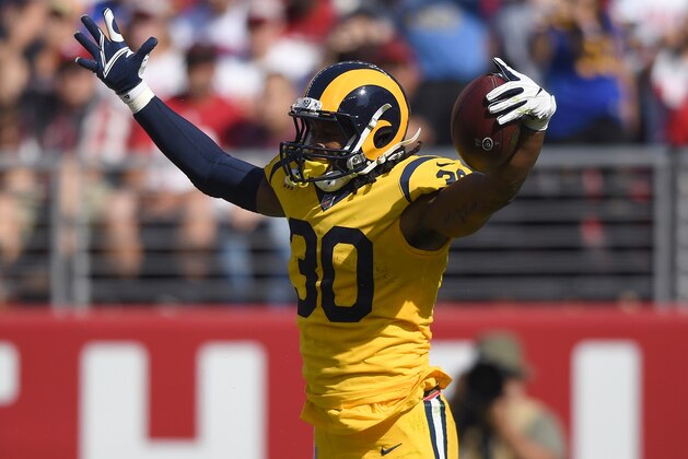 SANTA CLARA, CA - OCTOBER 21:  Todd Gurley #30 of the Los Angeles Rams celebrates after scoring a touchdown against the San Francisco 49ers during the second quarter of an NFL football game at Levi's Stadium on October 21, 2018 in Santa Clara, California.  (Photo by Thearon W. Henderson/Getty Images)