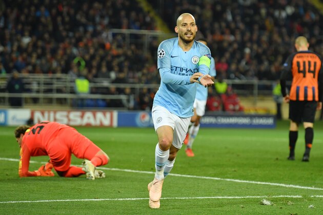 KHARKOV, UKRAINE - OCTOBER 23:  David Silva of Manchester City celebrates after scoring his team's first goal during the Group F match of the UEFA Champions League between FC Shakhtar Donetsk and Manchester City at Metalist Stadium on October 23, 2018 in Kharkov, Ukraine.  (Photo by Mike Hewitt/Getty Images)