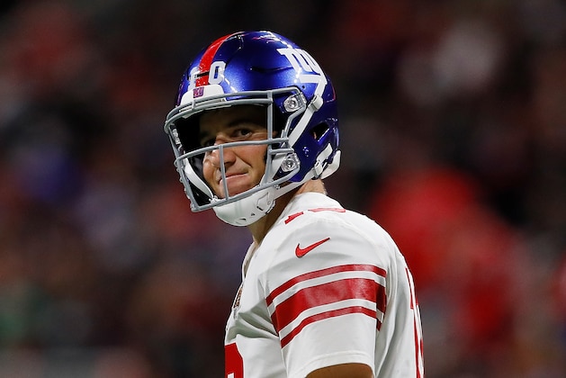 ATLANTA, GA - OCTOBER 22:  Eli Manning #10 of the New York Giants reacts after being sacked by the Atlanta Falcons at Mercedes-Benz Stadium on October 22, 2018 in Atlanta, Georgia.  (Photo by Kevin C. Cox/Getty Images)