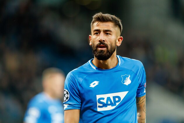 SINSHEIM, GERMANY - OCTOBER 02:   Kerem Demirbay of Hoffenheim  looks on   during the Group F match of the UEFA Champions League between TSG 1899 Hoffenheim and Manchester City at Wirsol Rhein-Neckar-Arena on October 2, 2018 in Sinsheim, Germany. (Photo by TF-Images/TF-Images via Getty Images)