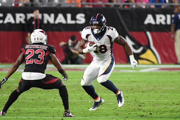 GLENDALE, AZ - OCTOBER 18:  Royce Freeman #28 of the Denver Broncos runs with the ball against the Arizona Cardinals at State Farm Stadium on October 18, 2018 in Glendale, Arizona.  (Photo by Norm Hall/Getty Images)