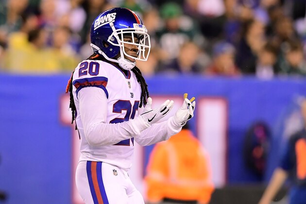 EAST RUTHERFORD, NJ - OCTOBER 11:  Janoris Jenkins #20 of the New York Giants reacts against the Philadelphia Eagles at MetLife Stadium on October 11, 2018 in East Rutherford, New Jersey. The Eagles defeated the Giants 34-13.  (Photo by Steven Ryan/Getty Images)