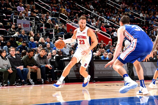 DETROIT, MI - OCTOBER 23: Blake Griffin #23 of the Detroit Pistons handles the ball against the Philadelphia 76ers on October 23, 2018 at Little Caesars Arena in Auburn Hills, Michigan. NOTE TO USER: User expressly acknowledges and agrees that, by downloading and/or using this photograph, User is consenting to the terms and conditions of the Getty Images License Agreement. Mandatory Copyright Notice: Copyright 2018 NBAE (Photo by Chris Schwegler/NBAE via Getty Images)