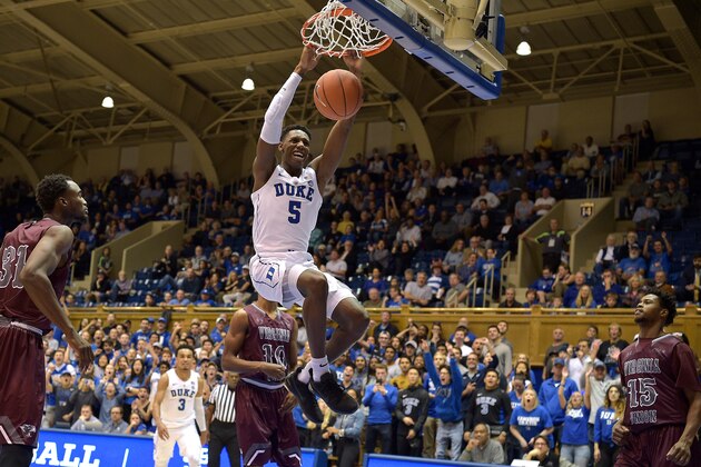 DURHAM, NC - OCTOBER 23: RJ Barrett #5 of the Duke Blue Devils dunks the ball against the Virginia Union Panthers at Cameron Indoor Stadium on October 23, 2018 in Durham, North Carolina. (Photo by Lance King/Getty Images)