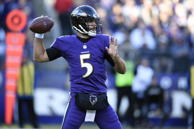 Baltimore Ravens quarterback Joe Flacco throws to a receiver in the first half of an NFL football game against the New Orleans Saints, Sunday, Oct. 21, 2018, in Baltimore. (AP Photo/Nick Wass)