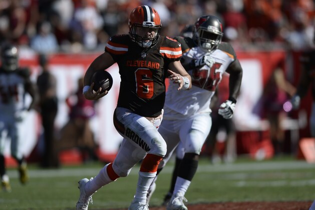 Cleveland Browns quarterback Baker Mayfield (6) during the second half of an NFL football game Tampa Bay Buccaneers Sunday, Oct. 21, 2018, in Tampa, Fla. (AP Photo/Jason Behnken)