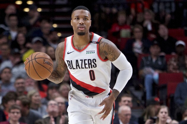 Portland Trail Blazers guard Damian Lillard during the first half of an NBA basketball game against the San Antonio Spurs in Portland, Ore., Saturday, Oct. 20, 2018. (AP Photo/Craig Mitchelldyer)