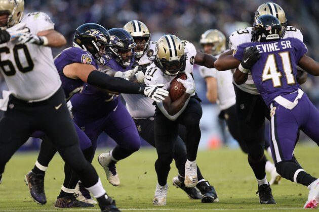 BALTIMORE, MD - OCTOBER 21: Running Back Alvin Kamara #41 of the New Orleans Saints rushes for a touchdown in the fourth quarter against the Baltimore Ravens at M&T Bank Stadium on October 21, 2018 in Baltimore, Maryland. (Photo by Patrick Smith/Getty Images)