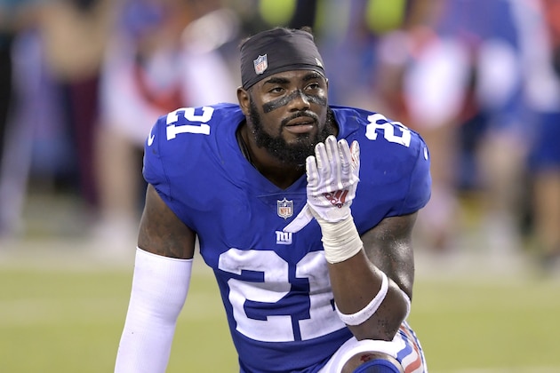 New York Giants defensive back Landon Collins (21) reacts during the second half of an NFL football game against the New Orleans Saints, Sunday, Sept. 30, 2018, in East Rutherford, N.J. (AP Photo/Bill Kostroun)
