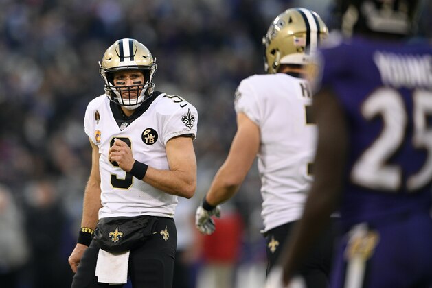New Orleans Saints quarterback Drew Brees stands on the field in the second half of an NFL football game against the Baltimore Ravens, Sunday, Oct. 21, 2018, in Baltimore. (AP Photo/Nick Wass) New Orleans Saints quarterback Drew Brees stands on the field in the second half of an NFL football game against the Baltimore Ravens, Sunday, Oct. 21, 2018, in Baltimore. (AP Photo/Nick Wass)