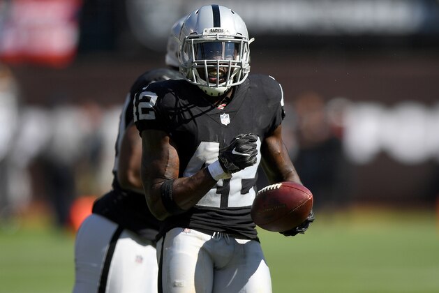 OAKLAND, CA - SEPTEMBER 17:  Karl Joseph #42 of the Oakland Raiders celebrates after sacking the quarterback and recovering a fumble against the New York Jets during the fourth quarter of their NFL football game at Oakland-Alameda County Coliseum on September 17, 2017 in Oakland, California. The Raiders won the game 45-20.  (Photo by Thearon W. Henderson/Getty Images)